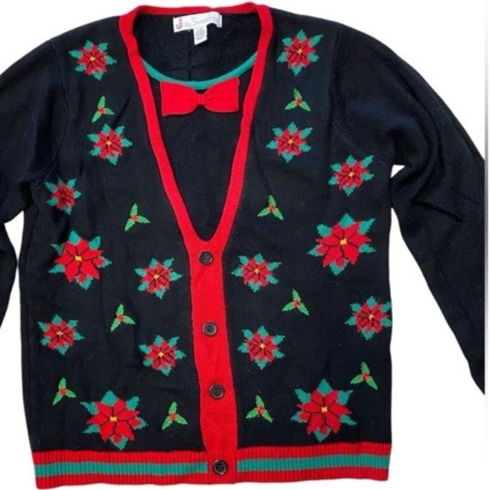 Jolly Sweaters Ugly Christmas Pullover Sweater‎ Black Poinsettia Bow Tie Mens L